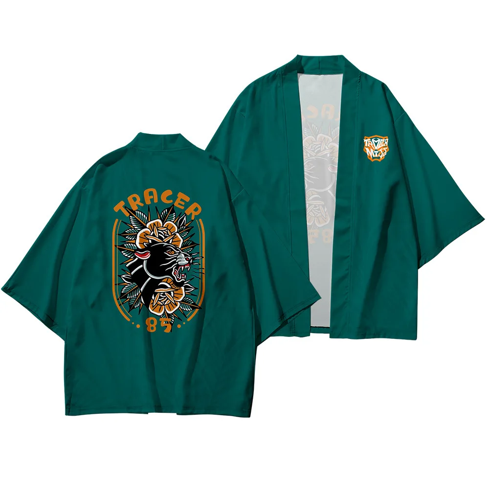 

Plus Size XS-6XL Men Cosplay Yukata Tops Pants Set Loose Fashion Japanese Kimono Suit Samurai Harajuku Dark Green Print Cardigan