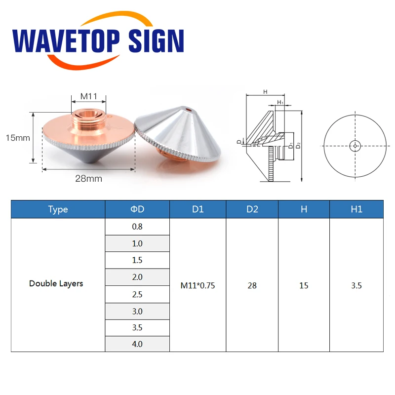 WaveTopSign диа. 28 мм Лазерная насадка один двойной слой Калибр 0,8-5,0 резьба M11 для Precitec WSX волоконная Лазерная режущая головка