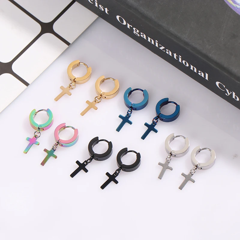 

1 pair of titanium steel personalized cross ear clip hand-polished earrings