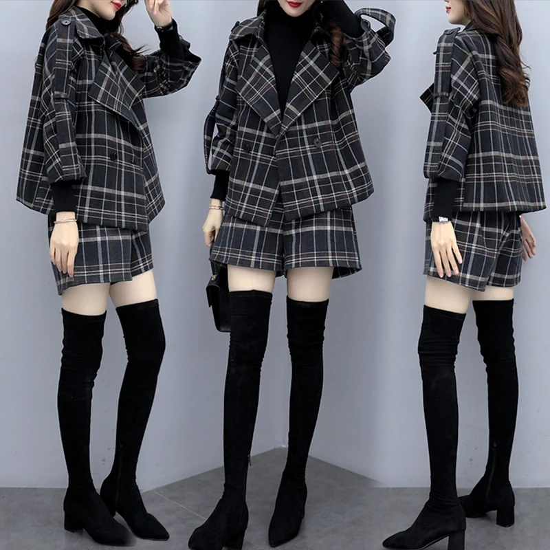 Клетчатый твидовый костюм женский топ и шорты Модный комплект шерстяной Женский