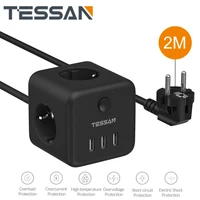 tessan black travel power strip with 3 usb ports 3 outlets onoff switch 1 5m extension cord eu plug socket for home office
