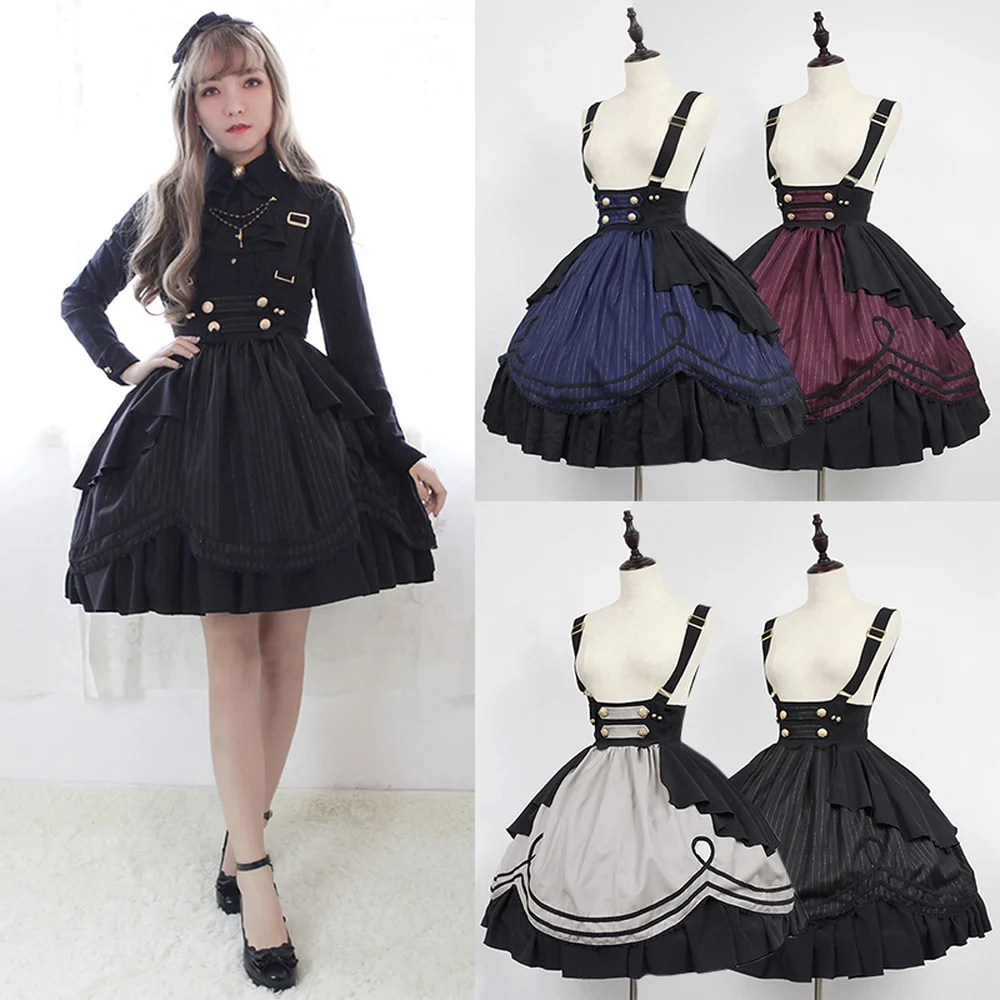 

Women Retro Gothic Style Skirt Fashion Solid Straps Ball Gown Knee-length Lolita Dress Ruffle Tiered Vintage Frill Frock Dress
