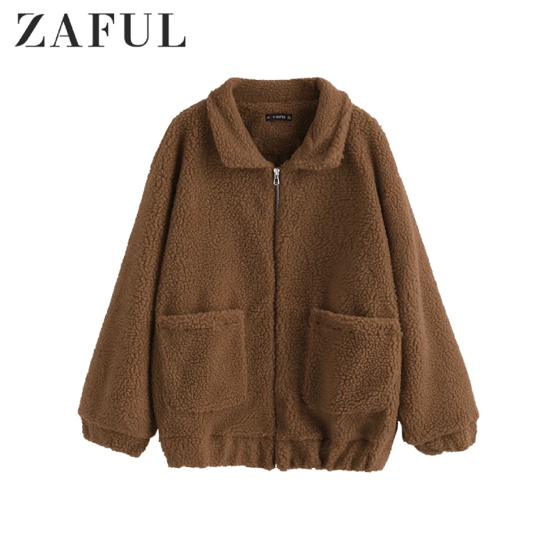 ZAFUL Zip Up Fluffy Winter Coat Fashion Women Lamb Wool Loose Jacket Pocket Soft Sherpa Autumn Ladies Tops |