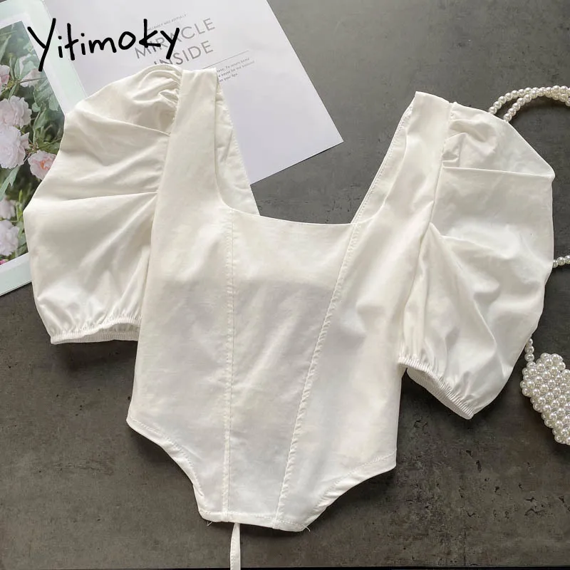 

Женская блузка Yitimoky, с бантом сзади, на завязках, с пышными рукавами, квадратным вырезом, летняя, однотонная, белая, новинка 2021