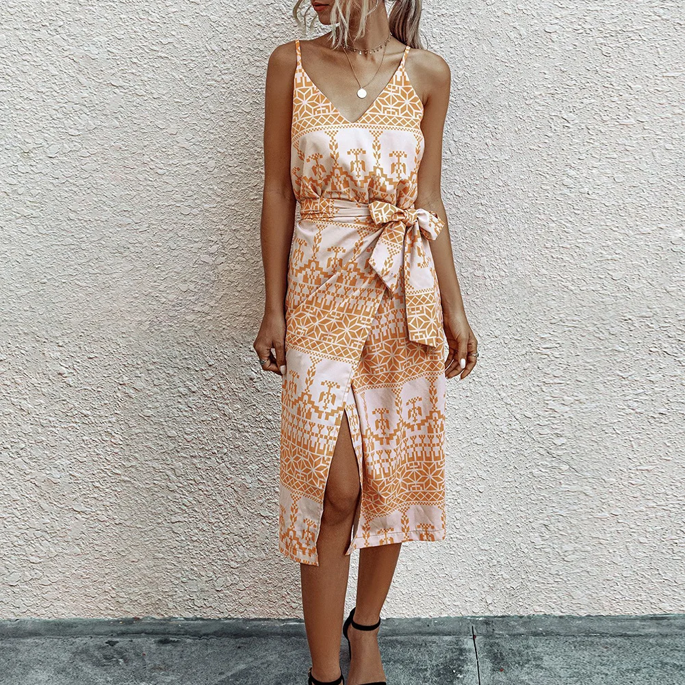 

Women Summer Sleeveless Backless Graphic Print Side Split Thigh Belted Dress