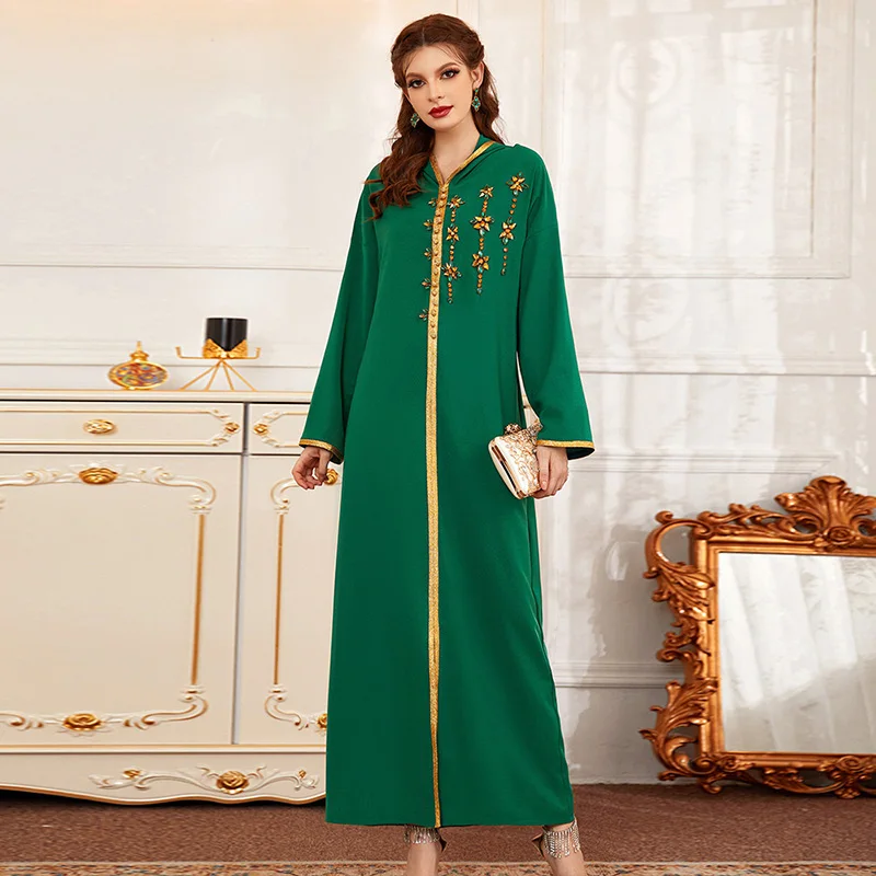 

Eid Mubarak Kaftan Moroccan Hooded Dress Women's Green Phnom Penh Saudi Arabia Ramadan Evening Dress Hand-stitched African Robe