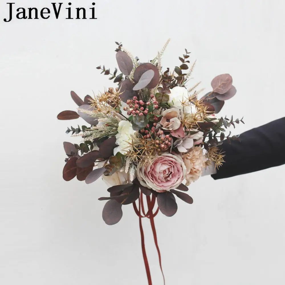 JaneVini осенний Свадебный Шелковый букет цветка шоколада винтажный букет невесты Искусственные Свадебные букеты аксессуары