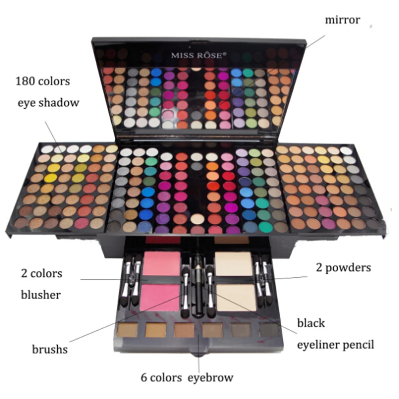 Большие размеры тени для век Pallete Miss Rose Красочные 180 Цвета Тени для век+ бровей+ румяна порошок+ зеркало+ Кисти Профессиональная палитра теней для век Горячая