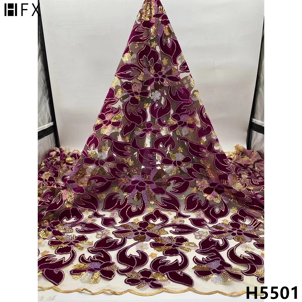 Pаспродажа Новое поступление, африканская бархатная кружевная ткань HFX, новейшая нигерийская кружевная ткань с вышивкой и блестками, бархатная кружев...