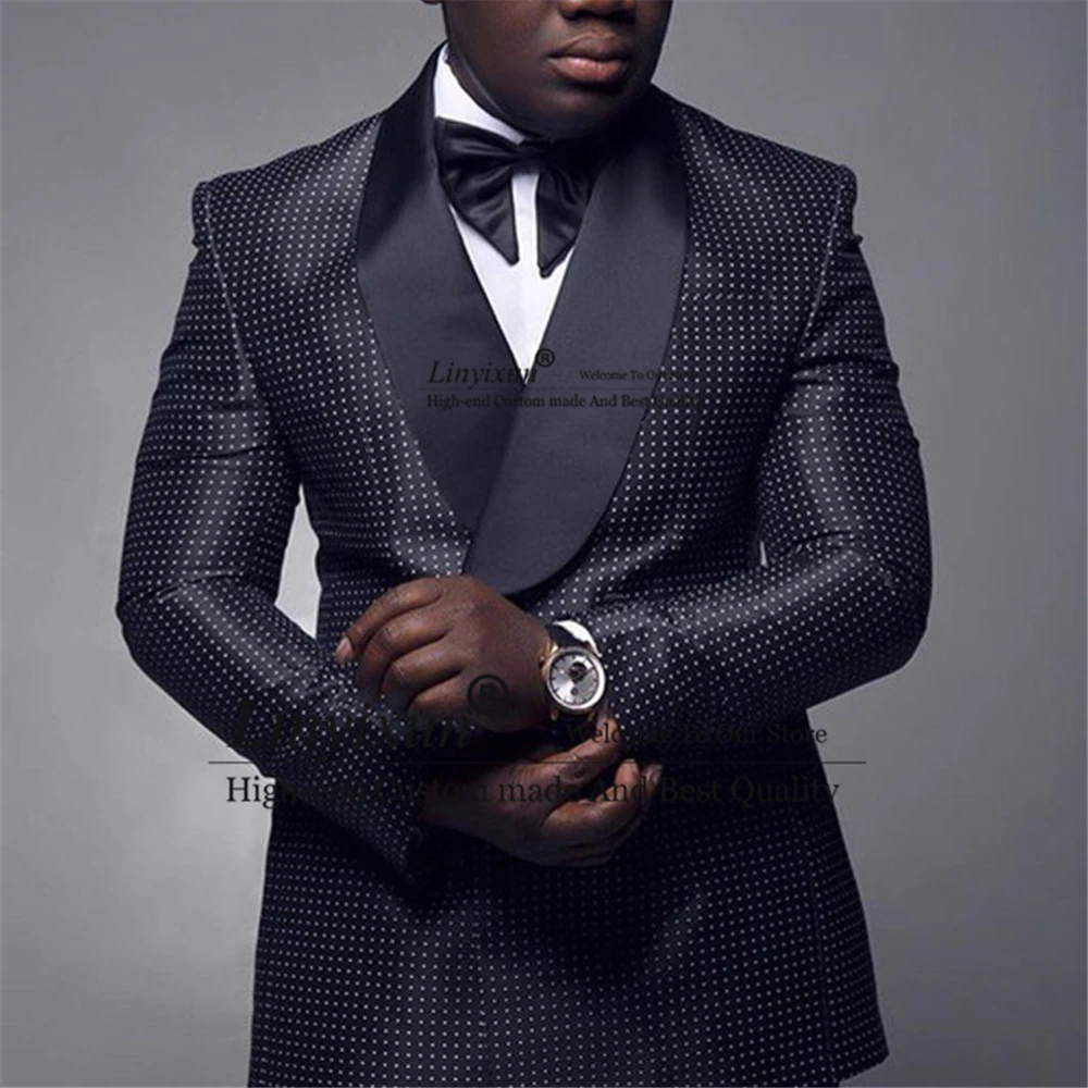 

Handsome Black Checkered Dots Men Suit with Double Breasted for Wedding Slim Fit Groom Tuxedo Costume Homme 2 Piece(Jacket+Pant)