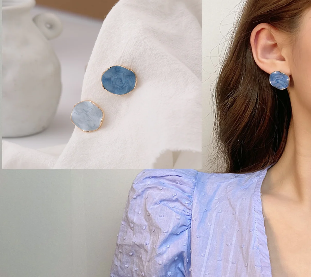 

Korean Fashion Stud Earrings For Women Girls Oil Dripping Blue Stone Asymmetrical Round Minimalist
