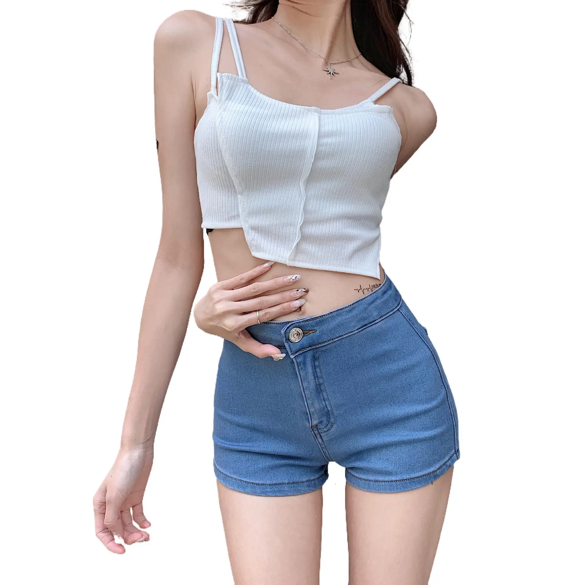 

summer Sexy women jeans Peach buttocks denim shorts high waist thin hip beveled edges long legs tight elastic hip hot pants