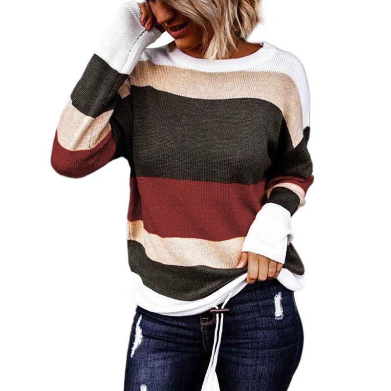 

Женский полосатый свитер в стиле пэчворк, Свободный вязаный пуловер с круглым вырезом, джемпер, Повседневная Уличная одежда, женские топы, т...
