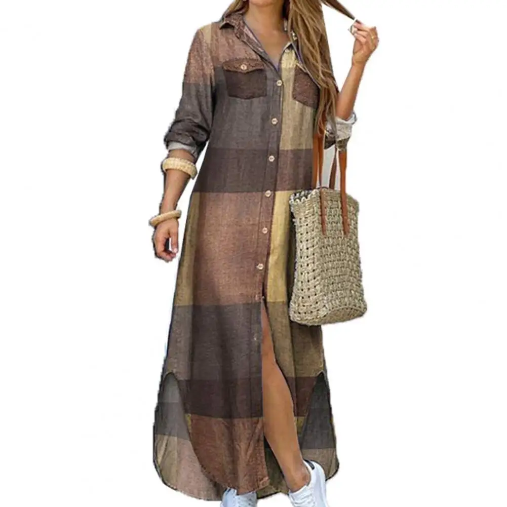 

Long Sleeve Dress Checkeds Plaid Robe Maxi Beach Dress Summer Elegant Women Button Long Shirt Dress Split Print Lapel Party Robe