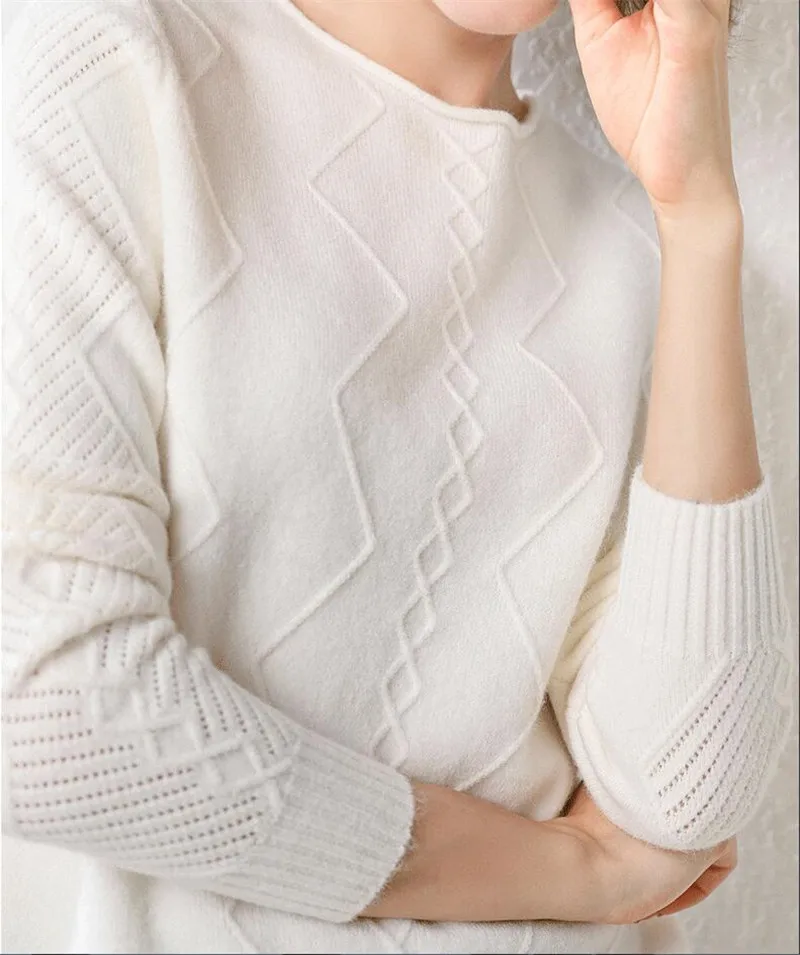 GCAROL New Women O Neck Curled Rhombic Sweater Fall Winter 30% Wool Cashmere Thick Jumper Stretch Warm OL Knitted Pullover S-3XL