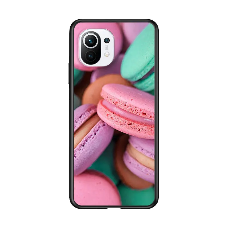 

Macaron Cake for Xiaomi Mi 11 10T Note 10 Ultra 5G 9 9T SE 8 A3 A2 A1 6X Pro Play F1 Lite 5G Black Phone Case