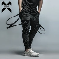 11 bybbs dark cargo pants men straps black hip hop casual streetwear sweatpants ribbon mens pencil pants black dg101