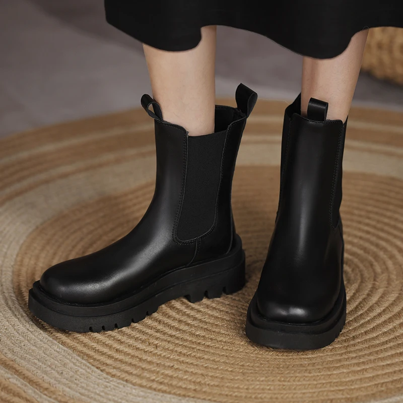 

Classic Black Chelsea Boots Women Autumn Slip-on Thick Bottom Platform Mid Calf Boots Woman Comfy Loose Med Heel Botas