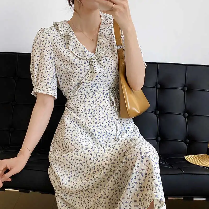 

COZOK Small Fresh V-neck Dress Women's 2021 Summer New Korean Floral Ruffle Waist Long Skirt 1956