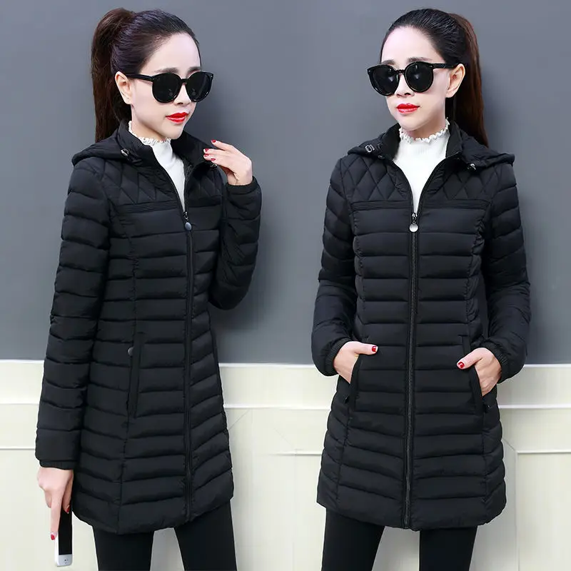 

2020 Hooded Women Winter Jacket Midi Long Long Sleeve Down Cotton Padded Female Coat Oversize Autumn Solid Color Parkas C102