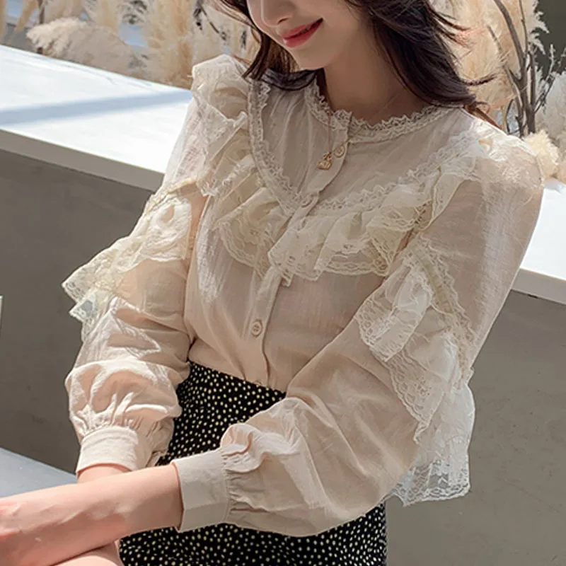 

2021 Spring Solid Stand Womens Tops and Blouses Lady Tops Chiffon Blouse Button Lace Tops for Women Shirts Blusas Femininas 8049