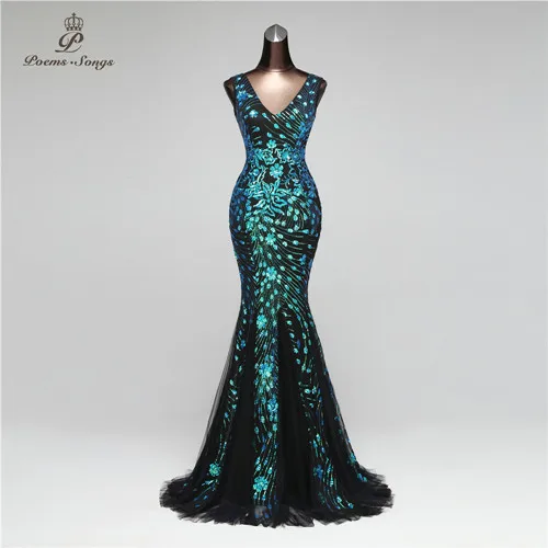 Poems Songs New Double-V Mermaid Evening Dress prom gowns Formal Party dress vestido de festa Elegant Vintage robe longue - Цвет: color as photo