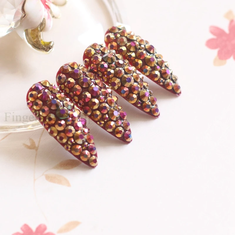 New Extra long pointed oval fake nails slim art salon nail crystal diamond nail Vampire color