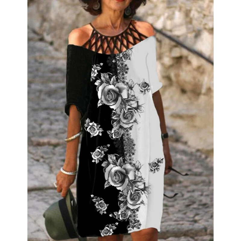 

Lugentolo Summer Dress Women Hollow Out Round Neck Half Sleeve Plus Size Loose A-LINE Knee-Length Dresses for Women