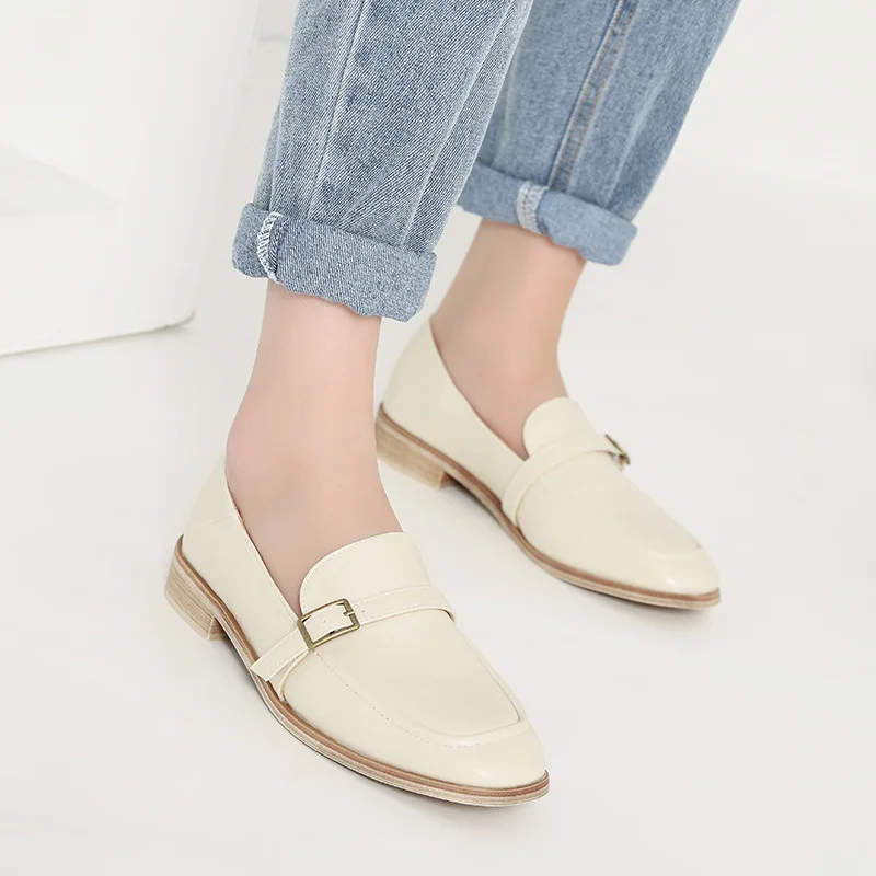 British Leather Shoes for Women Hot Slip on Wood Heels Loafers Square Toe Buckle Band Flats Woman Preppy Girls Oxfords