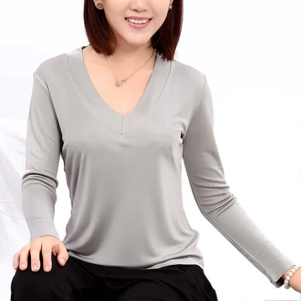 Женская трикотажная футболка из 100% натурального шелка с v образным вырезом и