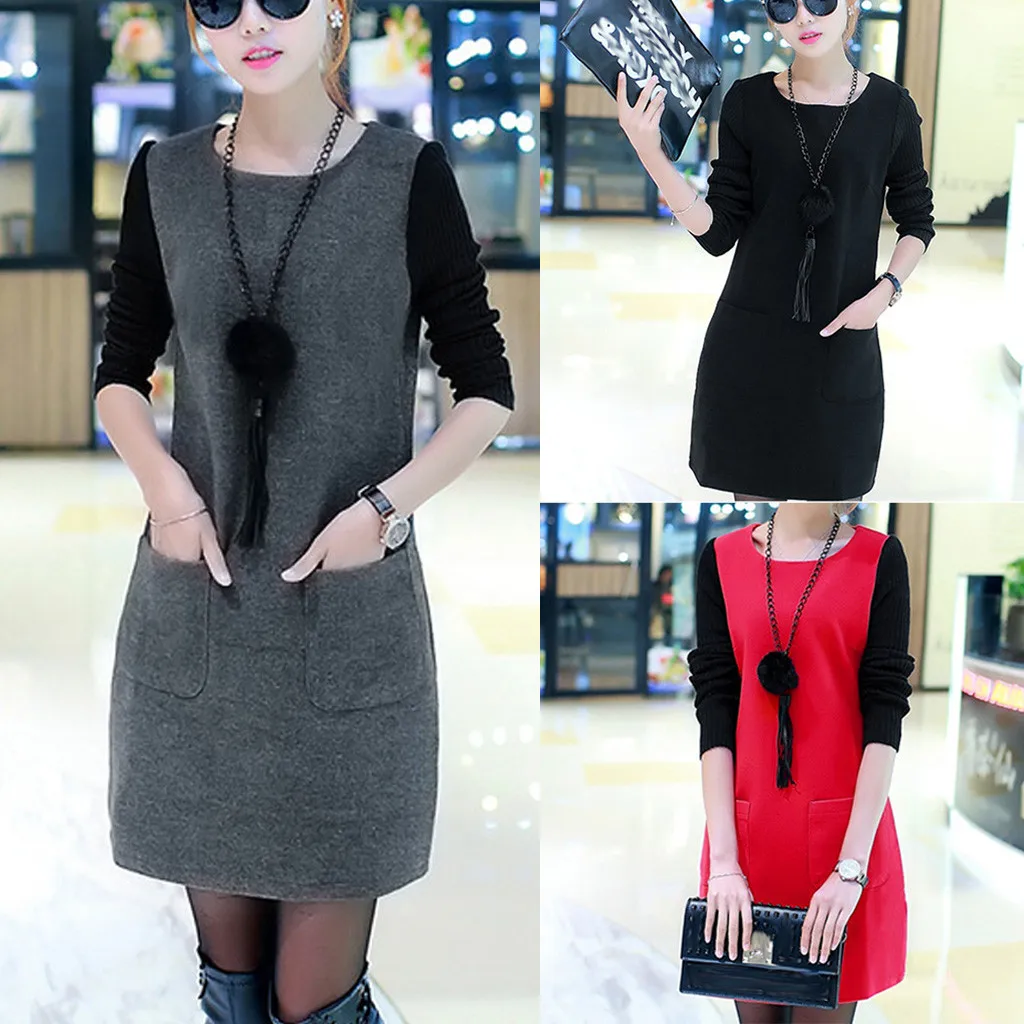 Женское свободное бархатное платье с длинным рукавом и круглым вырезом