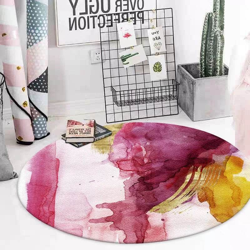 Круглый ковер с абстрактными чернилами романтичный фиолетовый красный желтый