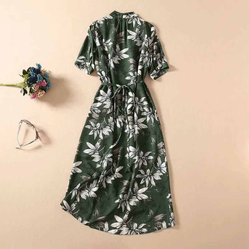

High Quality New Runway Dress 2020 Summer Women V-Neck Elegant Flower Print Drawstring Waist Short Sleeve Green Yellow Dress