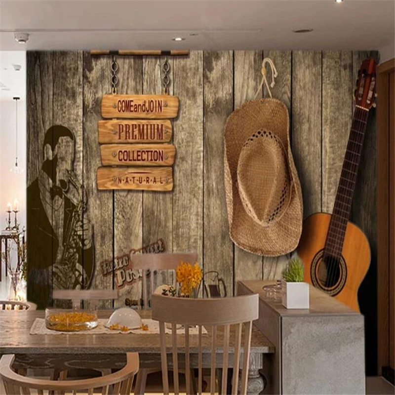 Custom wallpaper 3d bar KTV retro wooden board personality TV background wall painting living room bedroom restaurant decoration |