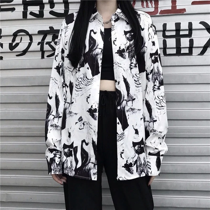 

MINGLIUSILI Vintage Shirt Women Harajuku Print Spring Fashion 2021 Button Up Shirt Long Sleeve Plus Size Loose Women Clothing