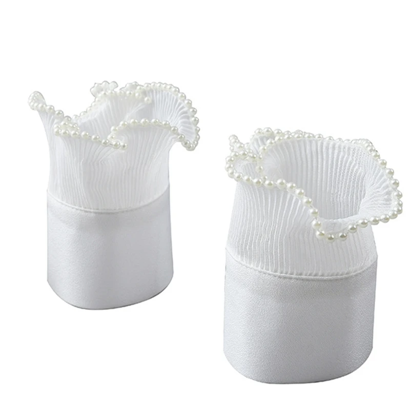 

Women Imitation Pearl Beading Pleated Ruffled Horn Cuff Solid Color Buttons Detachable Sweater Fake Sleeves Wristband