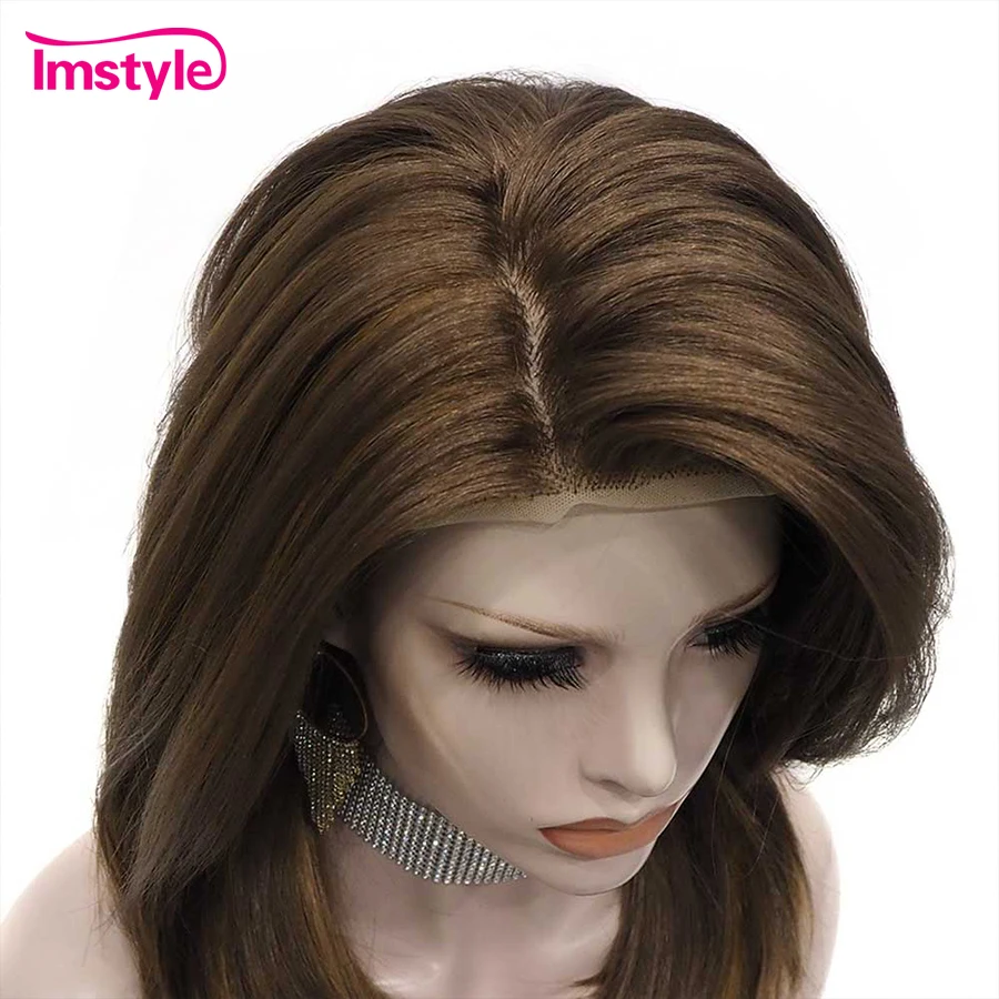 

Imstyle Brown Synthetic Lace Front Wig Short Wig Straight Hair Heat Resistant Fiber Glueless Daily Wigs For Women