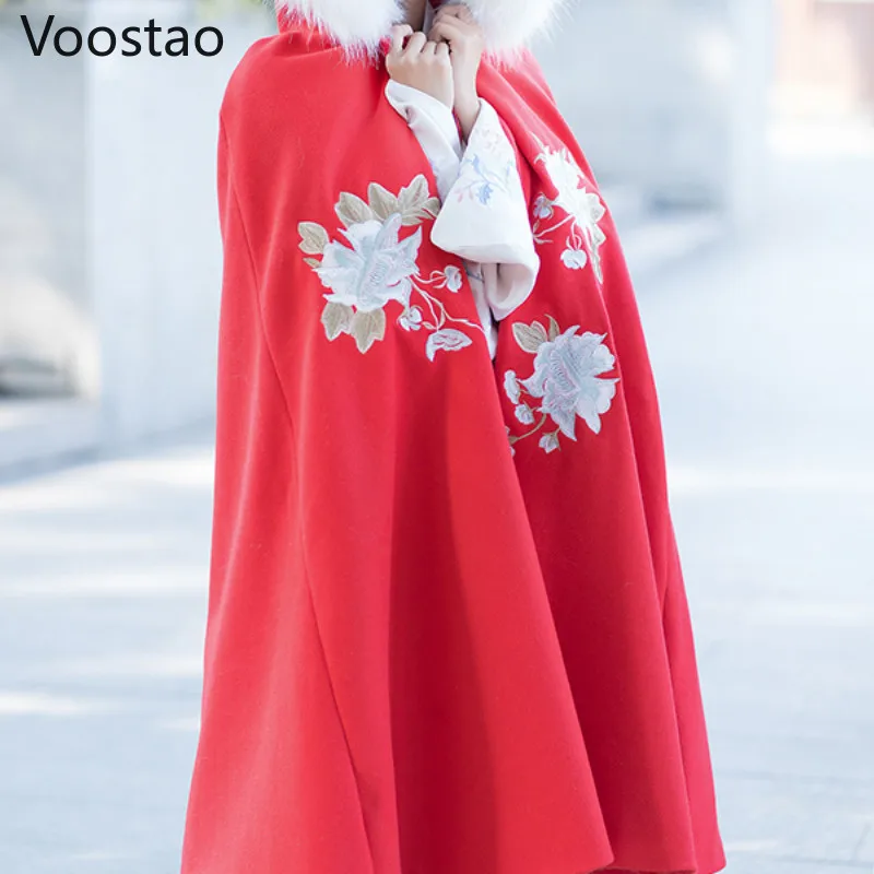 Осенне зимняя женская накидка Hanfu в китайском стиле с капюшоном и цветочной