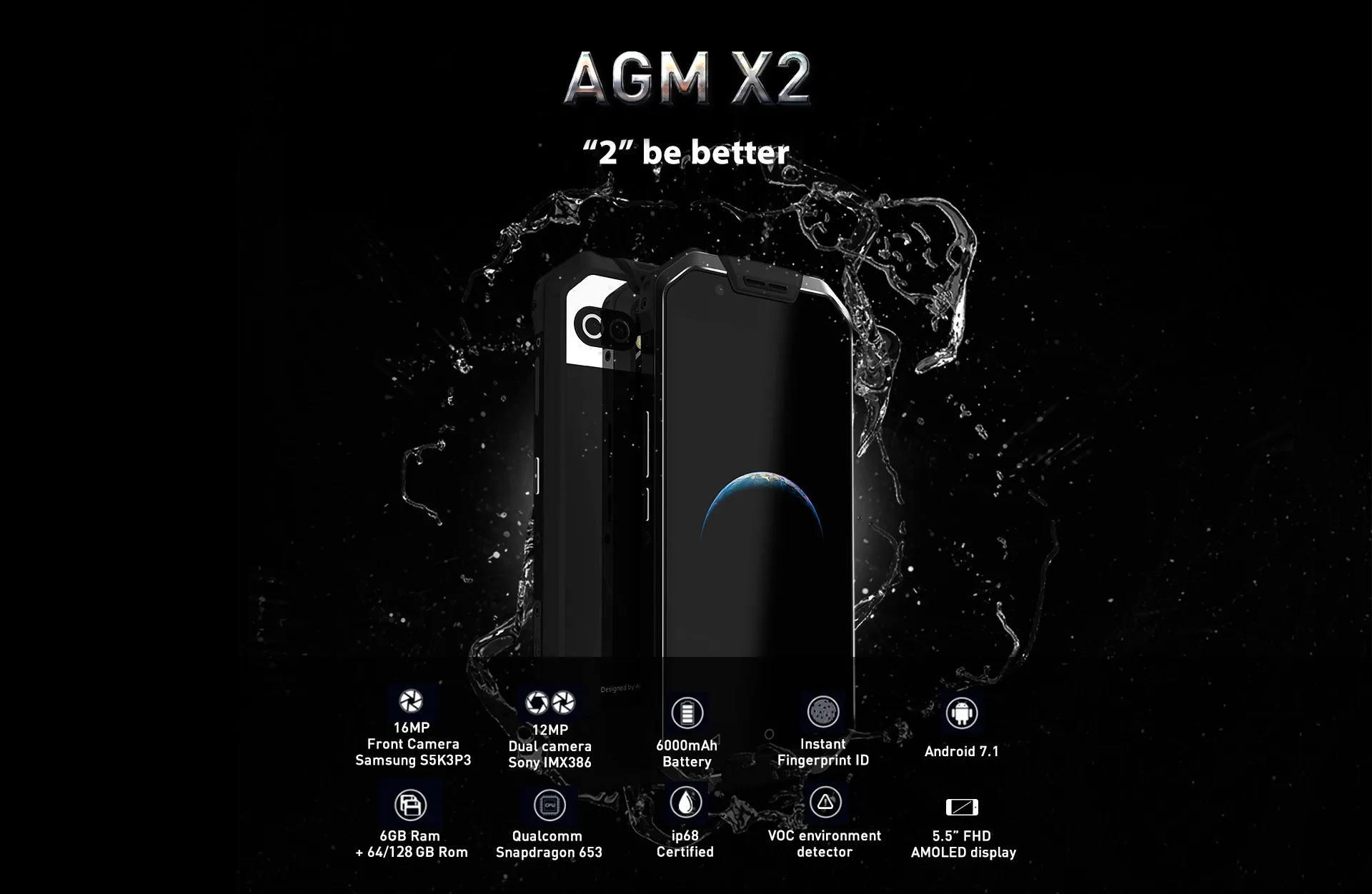 AGM X2 5," 4G смартфон 6G+ 64G/128GB Android 7,1 мобильный телефон IP68 Водонепроницаемый Восьмиядерный 6000mAhNFC VOC