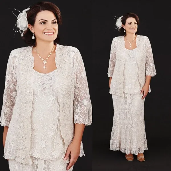 

2019 Vintage Mother Of The Bride Dresses Suit 3 Pieces Champagne Lace Mothers Wedding Guest Dress Plus Size Mother of Groom Gown