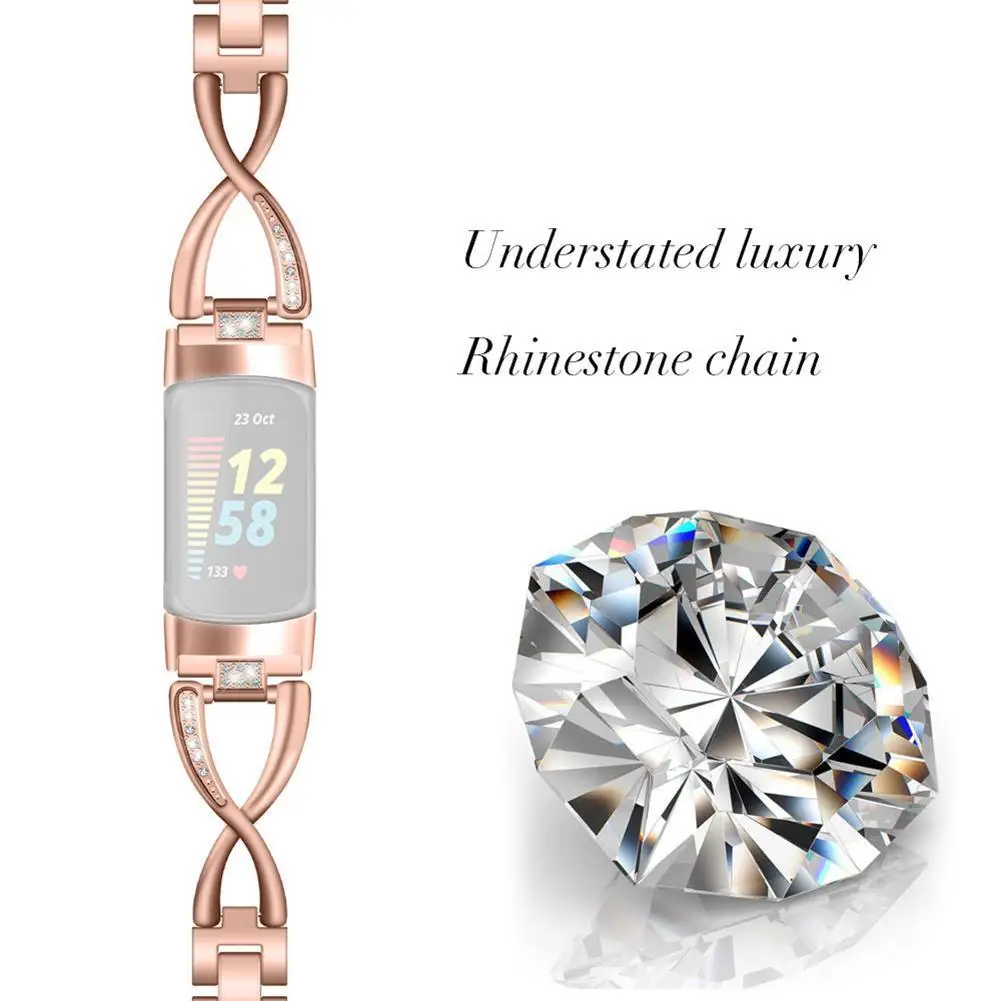 

Браслет для умных часов Fitbit Charge 5, металлический браслет-цепочка из цинкового сплава в форме X с алмазной петлей для Fitbit Charge 5