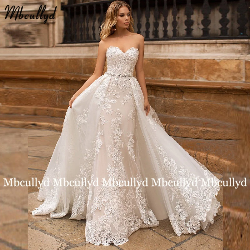

Mbcullyd элегантные свадебные платья-русалки со съемным шлейфом и кристаллами, 2 в 1, свадебное платье, кружевное платье