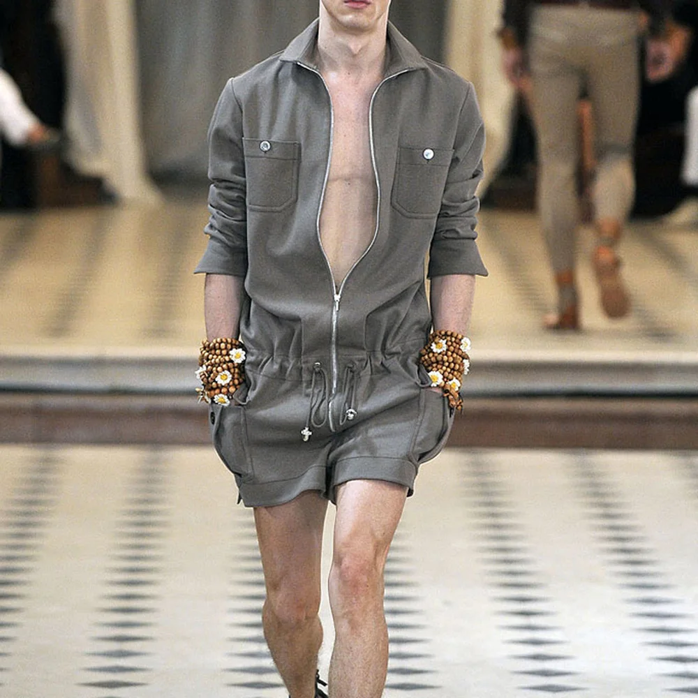 

Мужские летние комбинезоны, прямые повседневные короткие брюки с рукавом 3/4, на молнии, облегающие, размера плюс, S-4XL