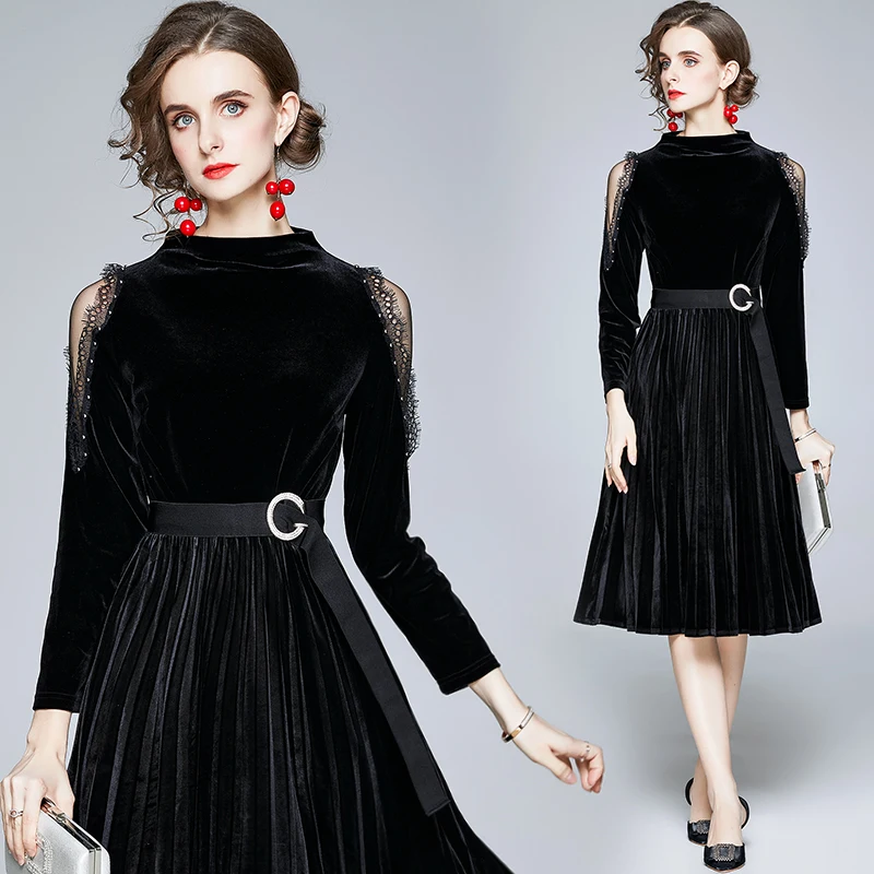 

High Quality Autumn Velvet Dress Women Long Sleeve A Line Beading Lace Up Mesh Patchwork Belted Vintage Dresses Vestidos