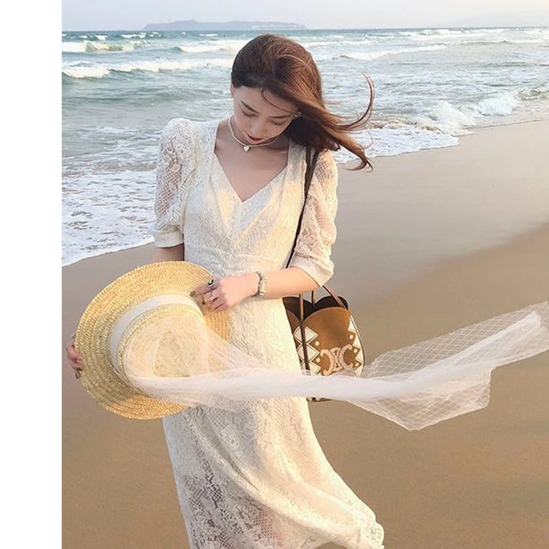 

2021 Women V-neck Lace Floral Printed Dress Summer Elegant Vintage Dress Office Lady Korean Style Evening Party Dress for Female