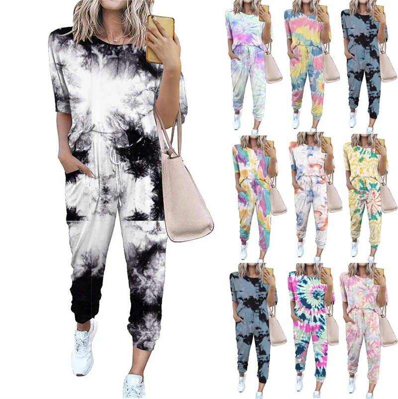 

Женский спортивный костюм Tie Dye, комплект из двух предметов, летняя одежда, футболка с коротким рукавом, топ, длинные брюки, повседневные своб...