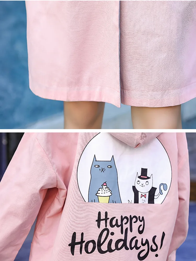

Spring autumn trench coat women cartoon print hooded long coat lady oversized trenchcoat female 2020 streetwear loose overcoats