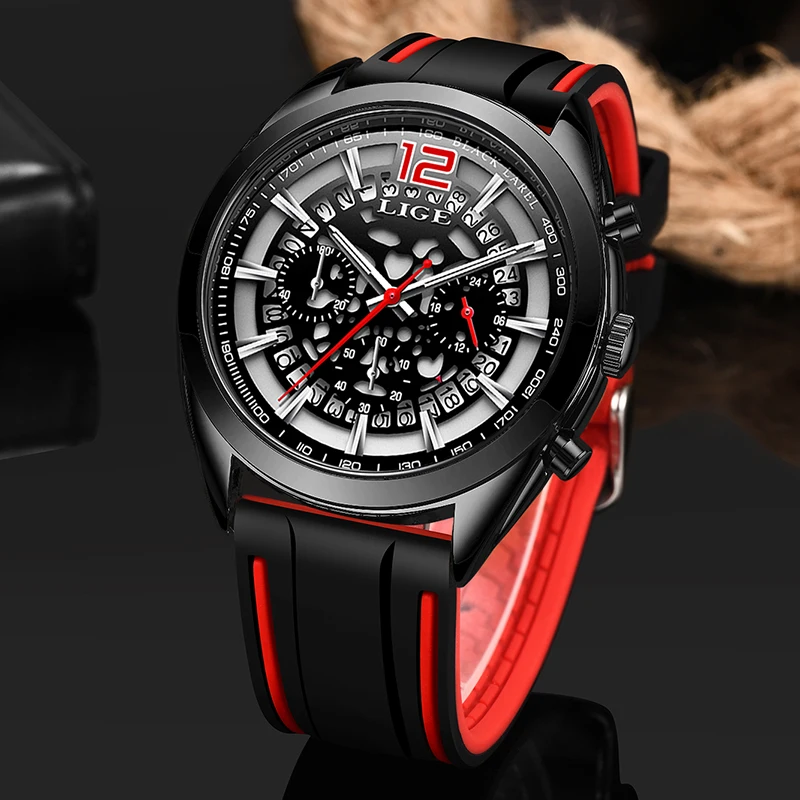 Часы LIGE мужские спортивные с силиконовым ремешком брендовые Роскошные Кварцевые