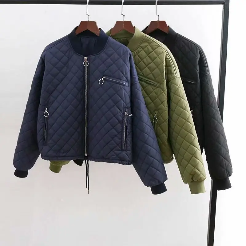 ZA осень зима мода ромбовидная решетка парка куртка для женщин круглый воротник