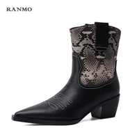 2020 new western style cut out embroidery knight boots square toe black genuine leather knee high boots for women ankle boots